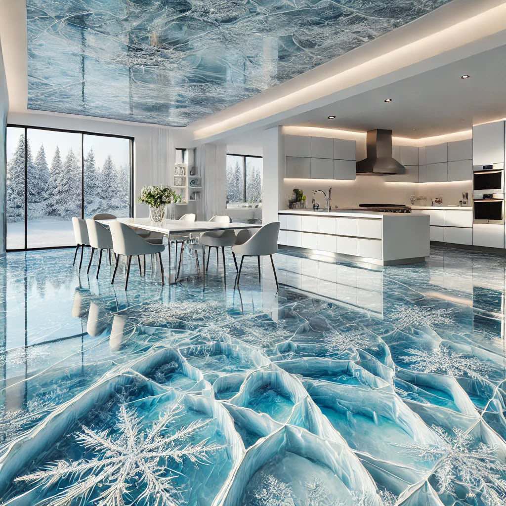 A stylish kitchen with a breathtaking frozen lake epoxy floor, featuring realistic ice cracks and snowflake details.