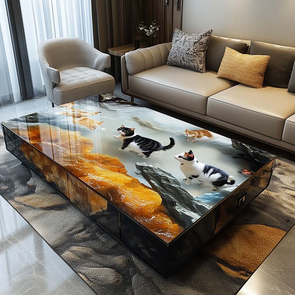 Stylish coffee table with artistic cat design on a glossy glass surface, creating a 3D illusion.