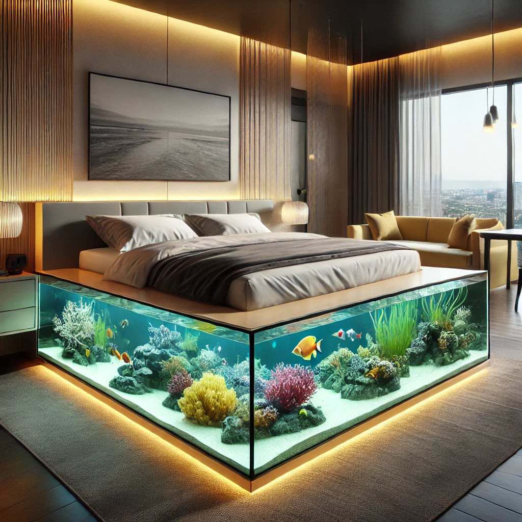 A cosy bedroom featuring a luxurious aquarium bed, warm ambient lighting, and a sophisticated design aesthetic.