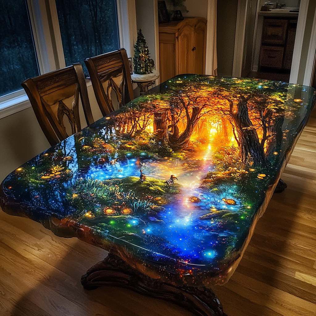 A magical epoxy resin dining table featuring an enchanted forest illuminated by golden sunlight and a flowing stream.
