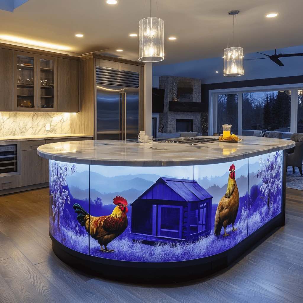 A contemporary kitchen with a backlit island showcasing vibrant rooster artwork in cool blue and purple hues