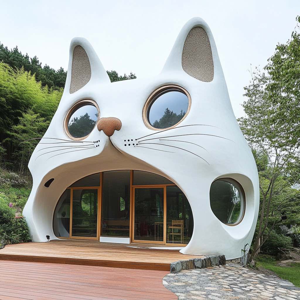 A sleek, white cat-shaped house with large circular windows and an open-concept entrance.