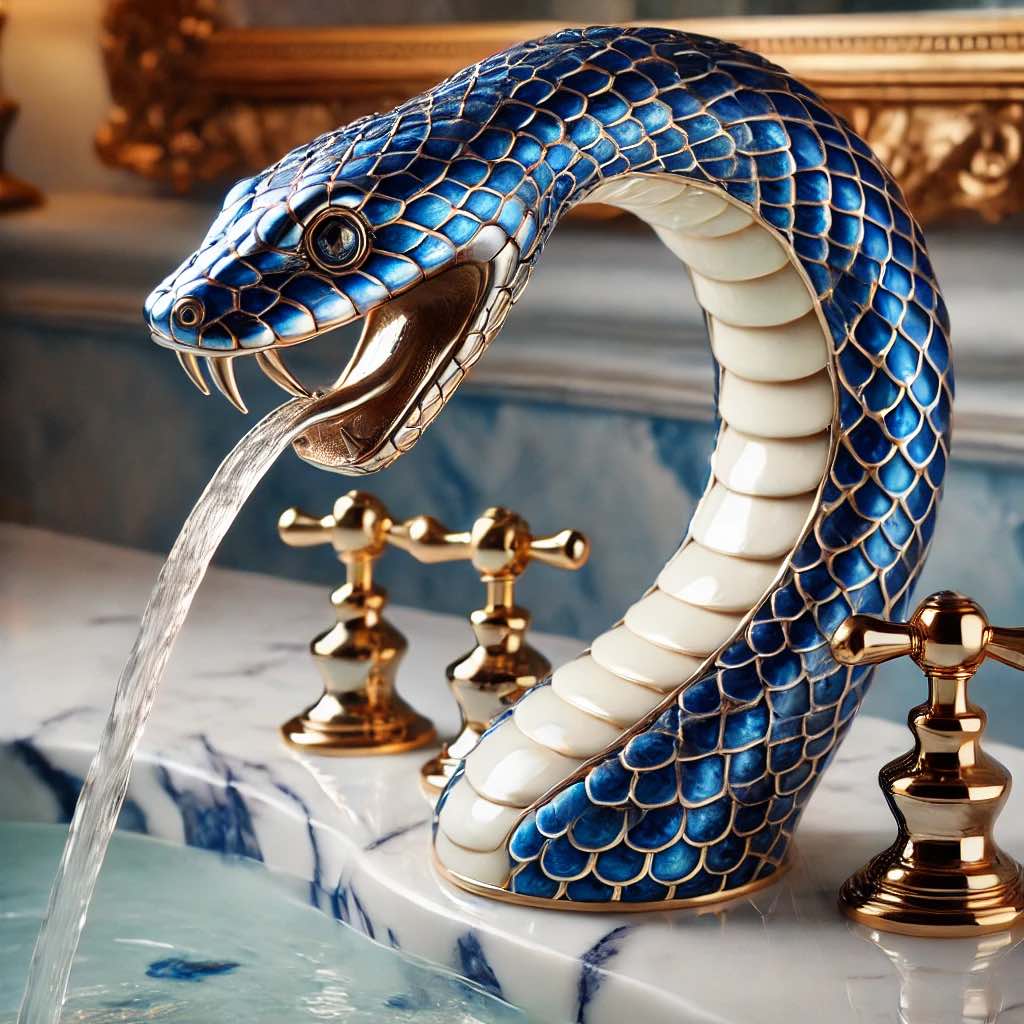 A striking blue and gold snake faucet, shaped like a serpent, flowing water into a luxury basin.
