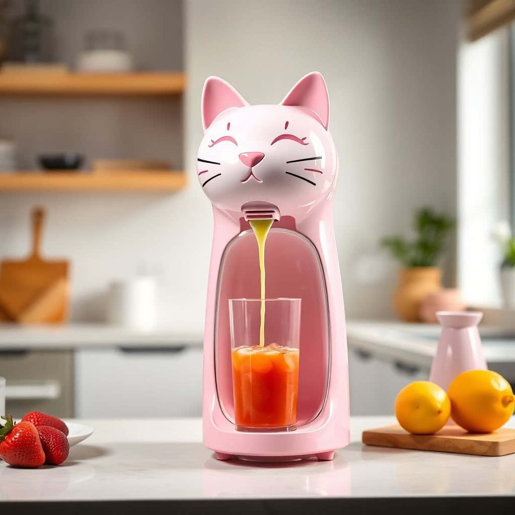 A pastel pink cat-shaped juicer dispensing fresh fruit juice into a glass, with strawberries and lemons nearby.
