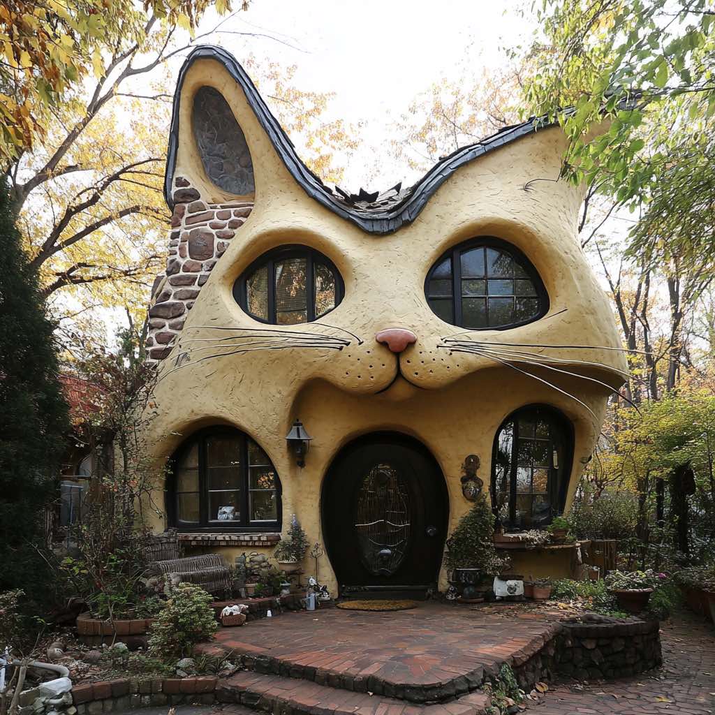 A golden-yellow cat-shaped home with warm, fairytale-like architecture and curved windows.