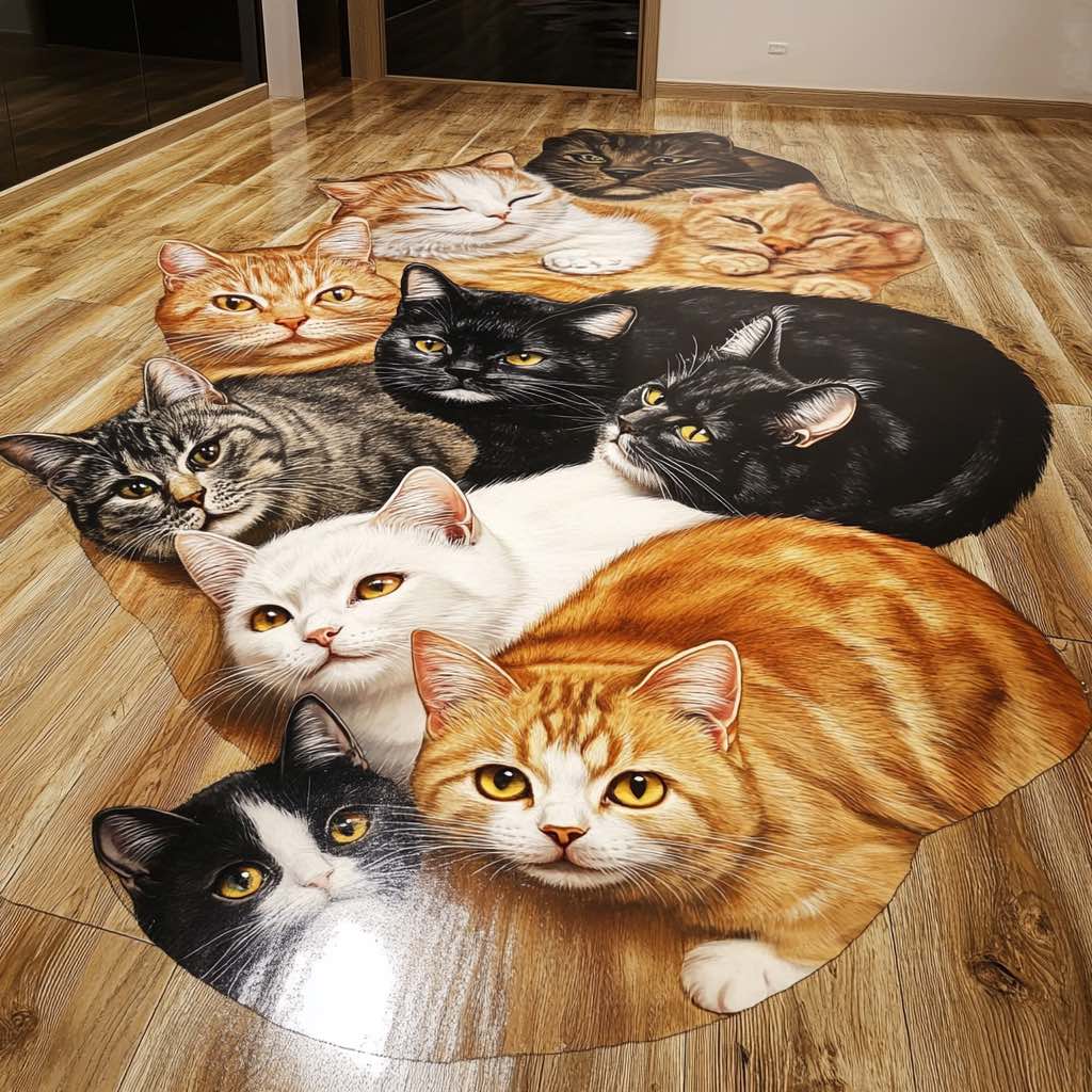 A striking 3D floor mural featuring a variety of cats in different poses and colours.
