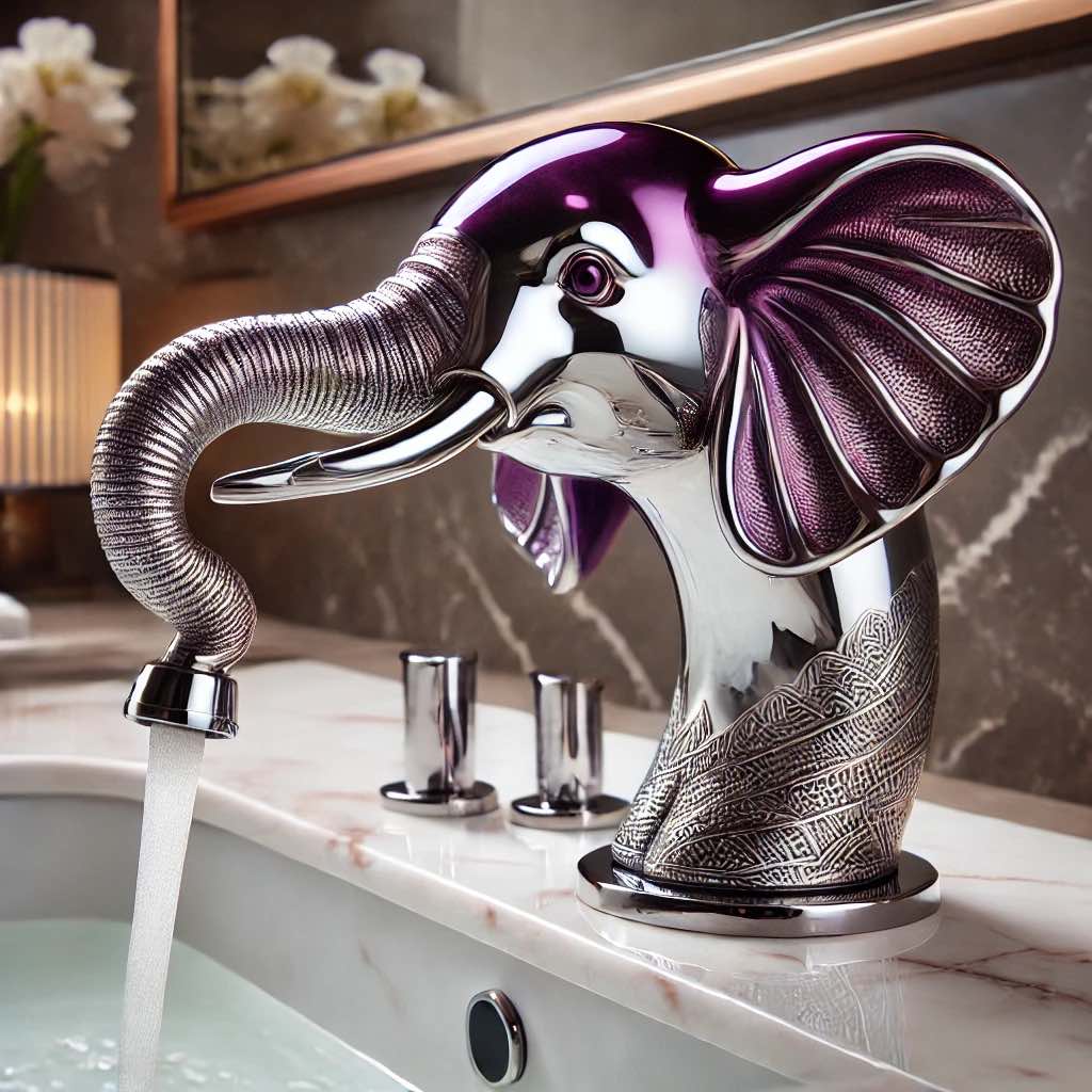A sleek silver and purple elephant-shaped faucet adding elegance to a contemporary bathroom