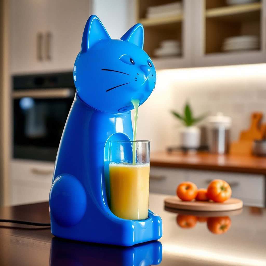 A blue cat-shaped juicer pouring citrus juice into a glass on a wooden countertop, with fresh fruits in the background.