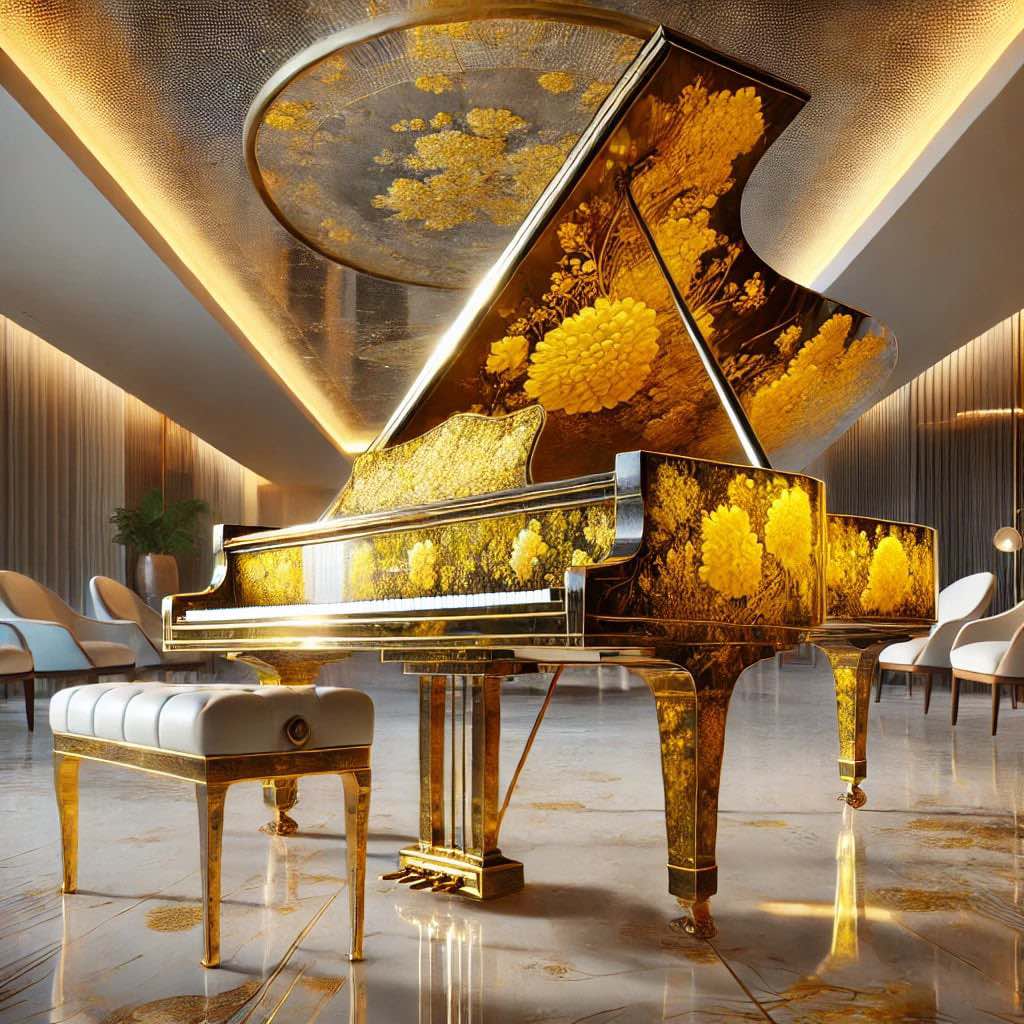 A luxurious gold-themed grand piano with intricate yellow floral motifs, exuding sophistication and grandeur.