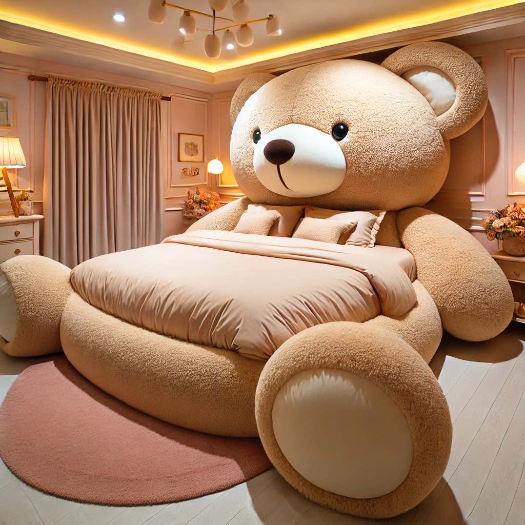 A plush beige teddy bear bed in a stylish, warmly lit bedroom with classic furnishings