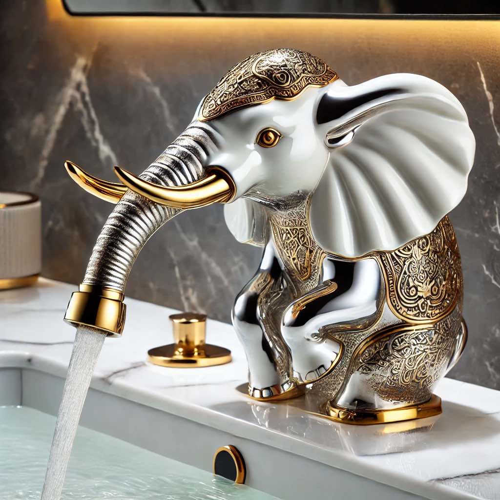 A luxurious white and gold elephant faucet in a vintage-inspired bathroom