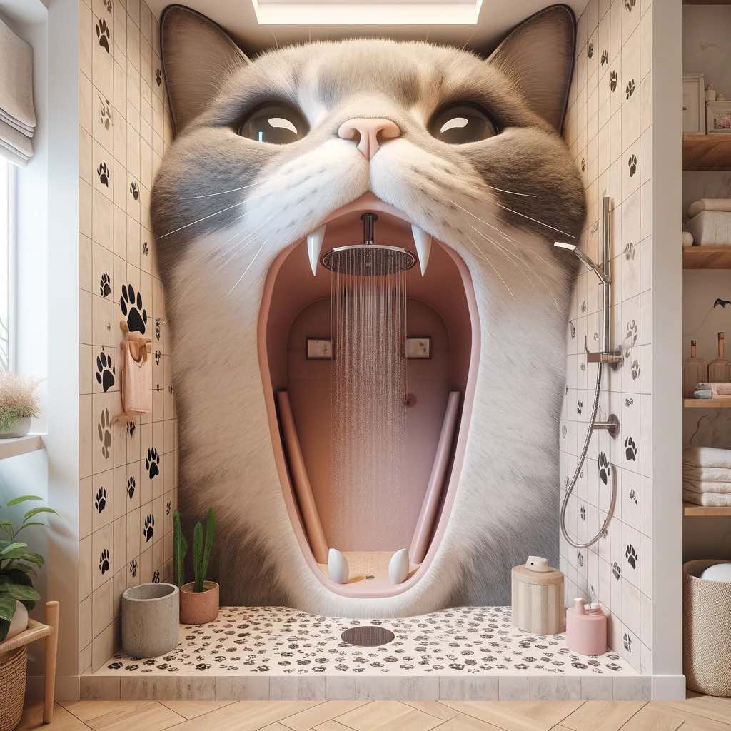 A creative and artistic cat-inspired shower with a giant feline face, rain showerhead, and playful paw print tiles.