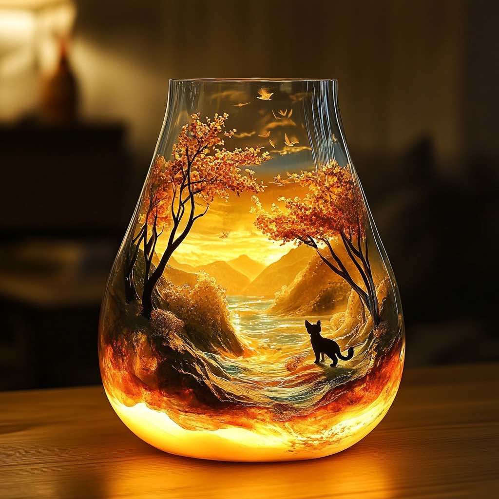 A enchanting glass vase depicting an autumn forest with a fox near a flowing river, illuminated with warm golden hues.