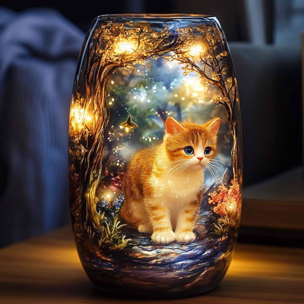 An enchanting glass vase featuring a ginger kitten surrounded by glowing lights and magical forest scenery