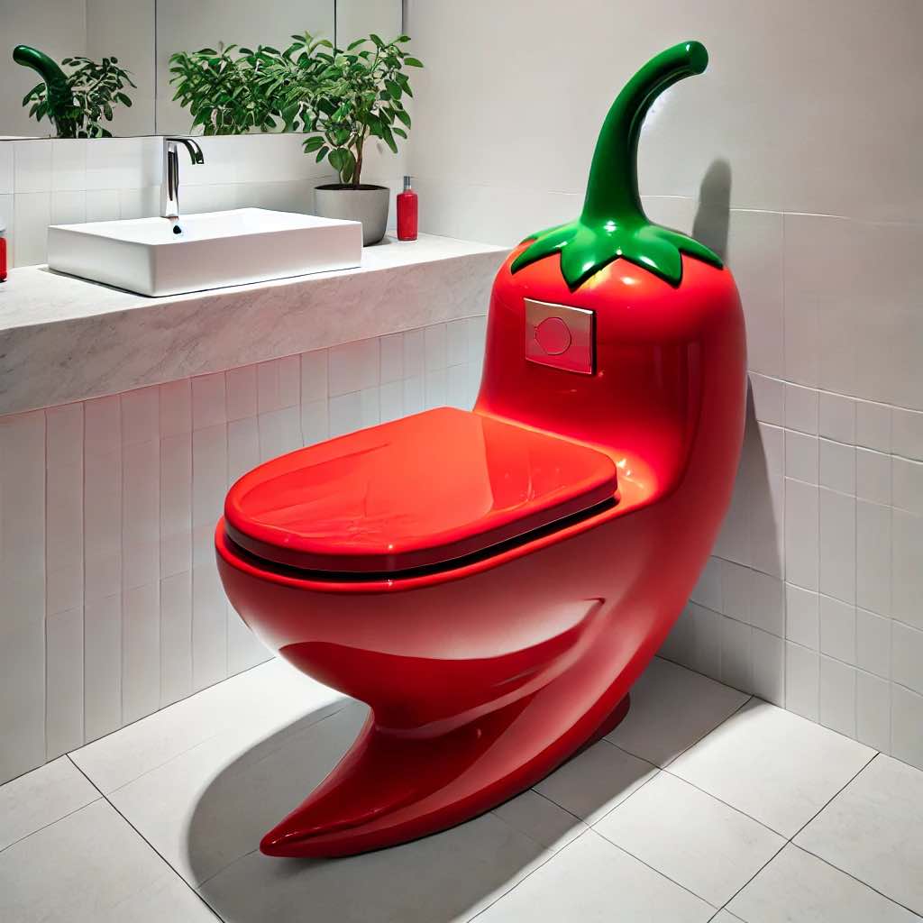 A bold red chilli pepper-shaped toilet with a glossy finish, making a striking impact in a modern bathroom.