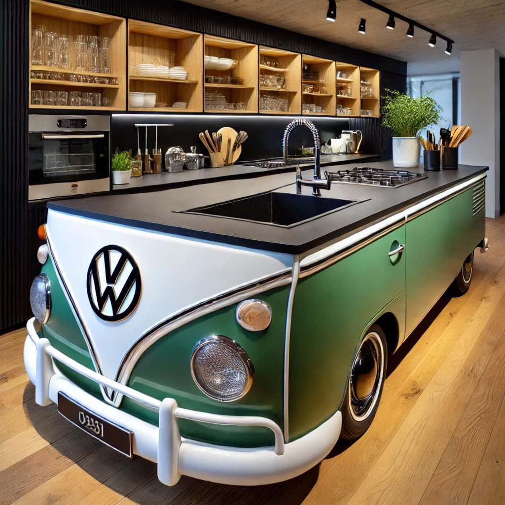 A kitchen island inspired by a Volkswagen campervan, featuring a green and white design with a sleek black worktop.