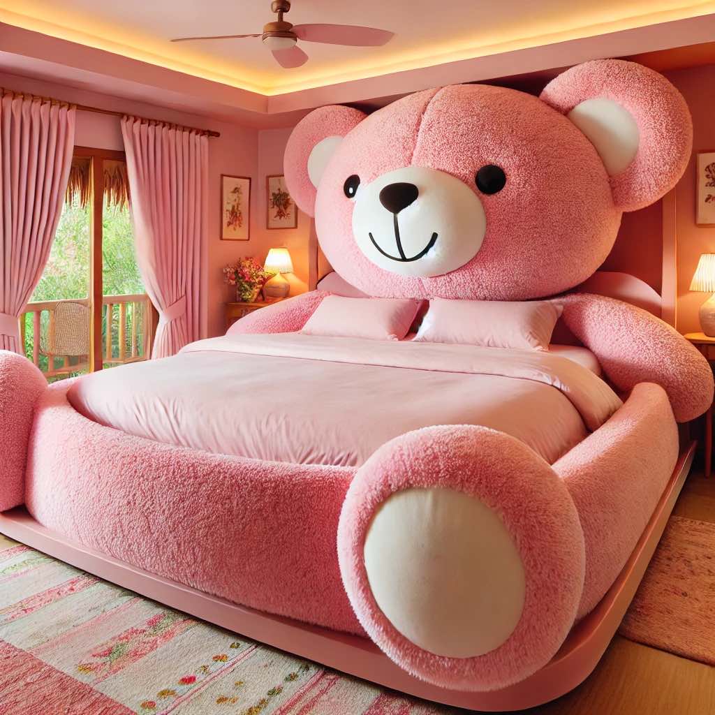 A soft pink teddy bear bed in a romantic, well-decorated bedroom with floral accents