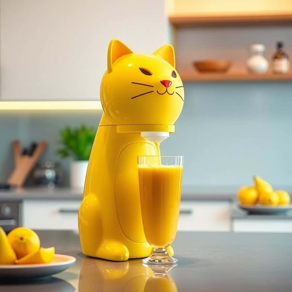 A vibrant yellow cat-shaped juicer dispensing fresh orange juice into a glass in a contemporary kitchen setting.