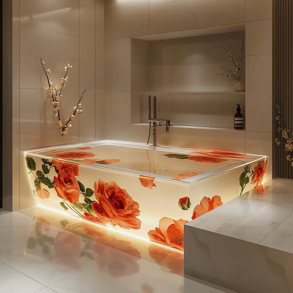 A glowing rectangular bathtub with embedded roses, creating a warm and inviting atmosphere.
