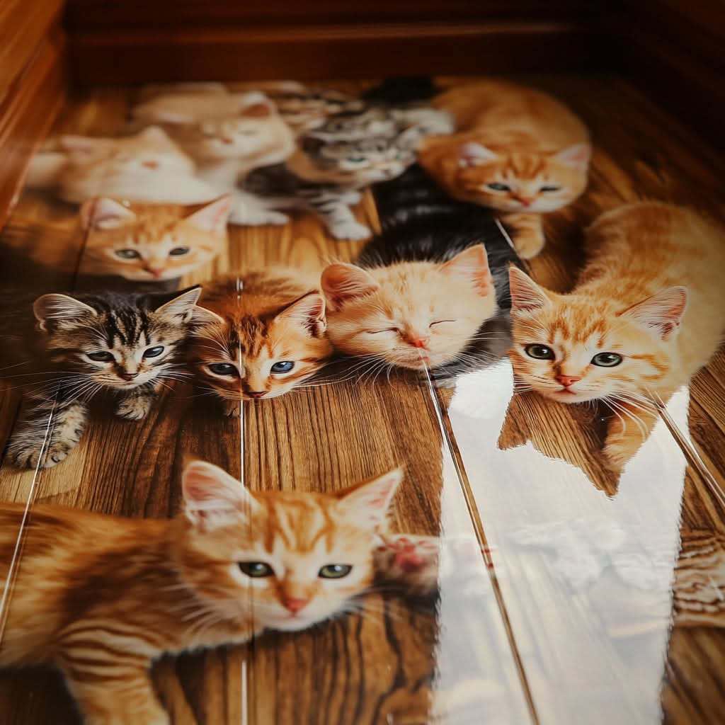An artistic 3D floor design with multiple kittens lounging realistically on a wooden surface