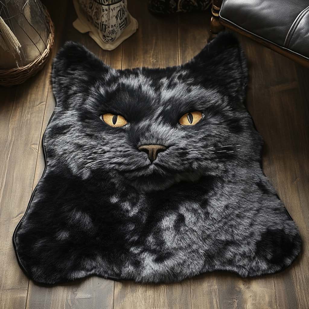 A sleek black cat rug with golden eyes, placed on a dark wooden floor, exuding elegance and mystery.