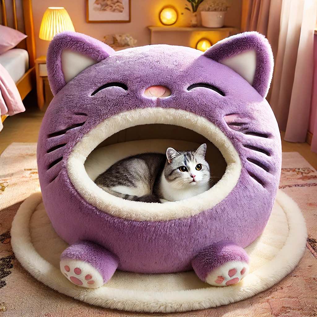  A purple, enclosed cat bed with a spacious interior and a cosy, fluffy texture.
