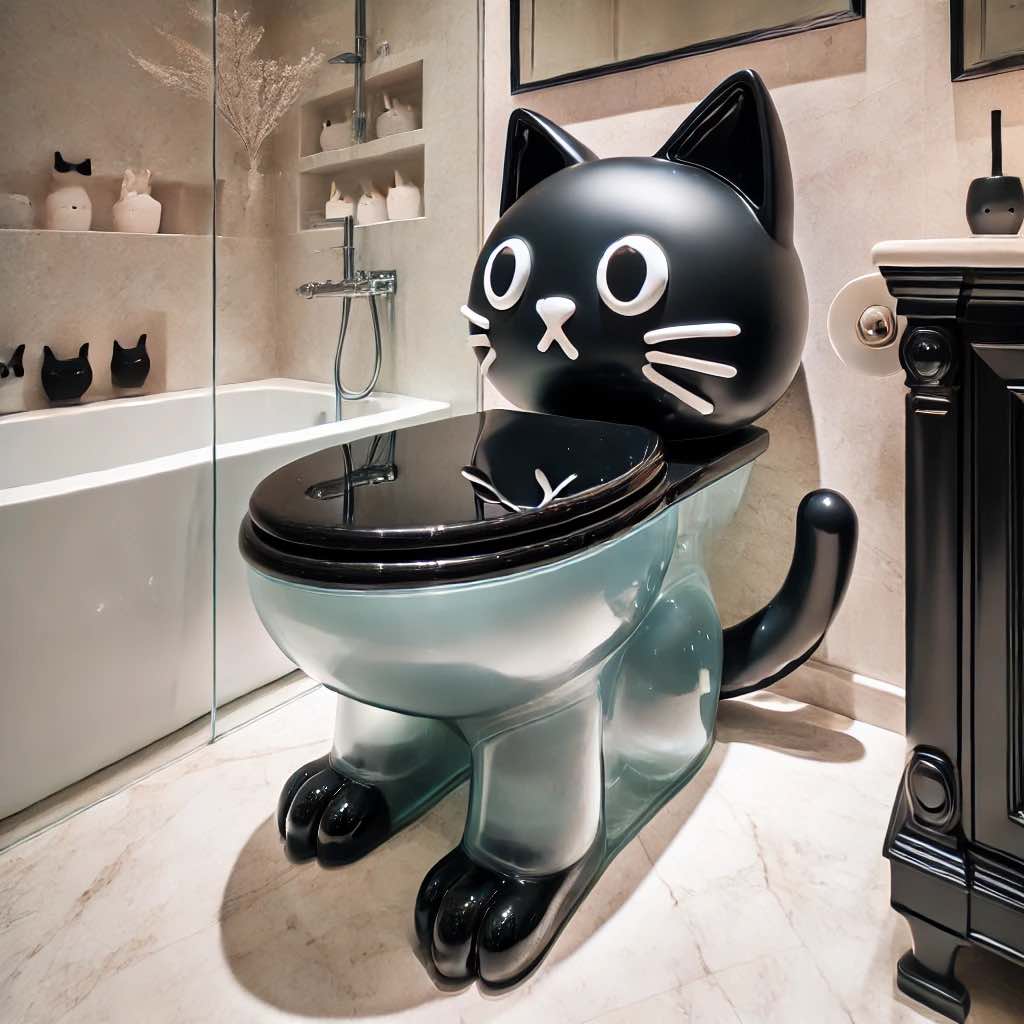 A sleek black cat-themed toilet with a feline face cistern and cat paw base, perfect for contemporary interiors.
