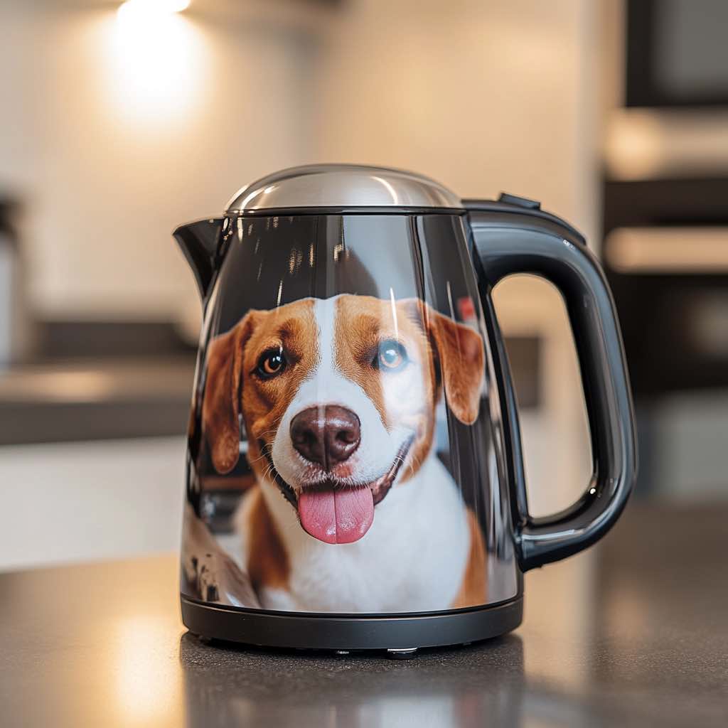 A stylish kettle showcasing a cheerful dog’s portrait, sitting on a contemporary kitchen countertop.