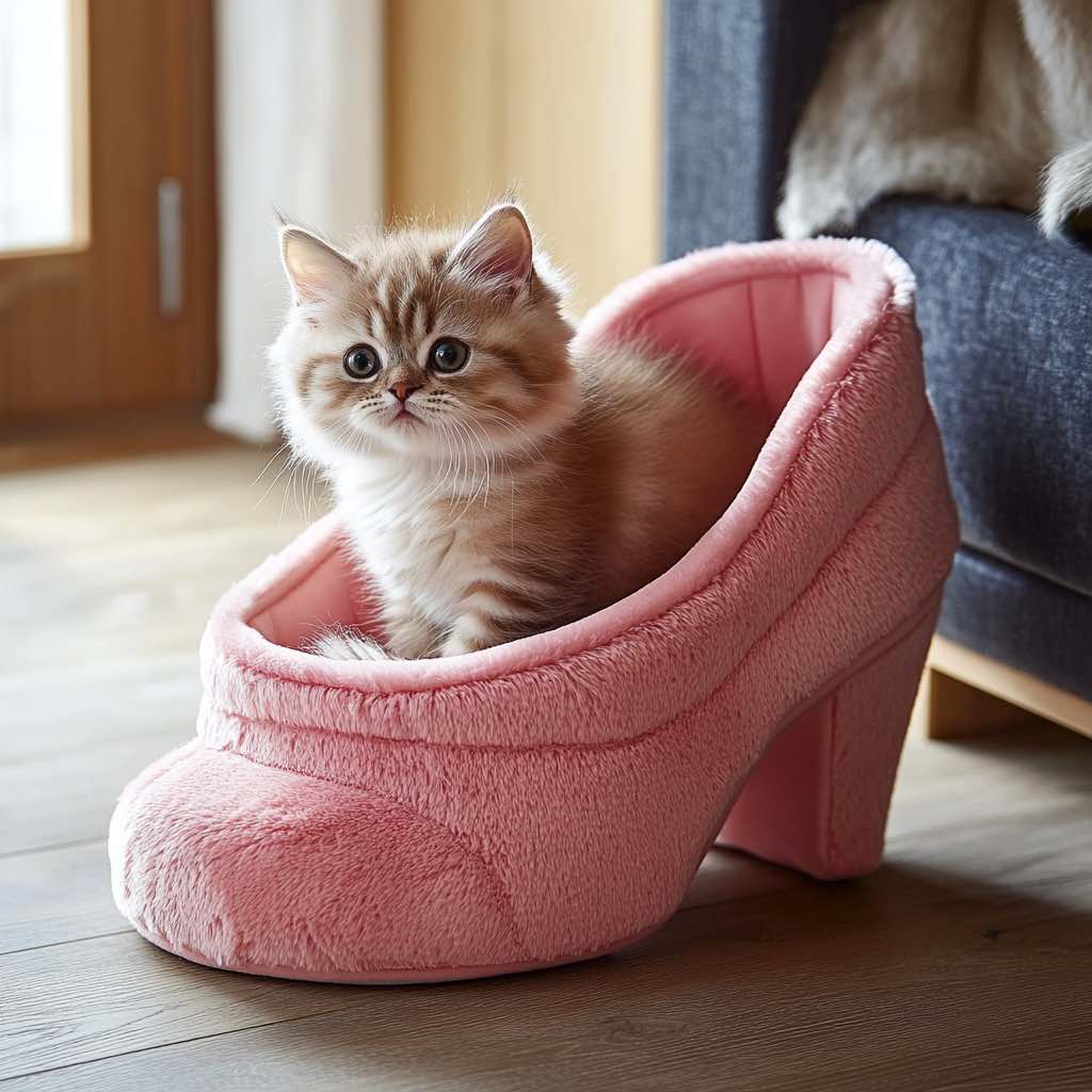 A bright-eyed kitten sitting inside a soft, pink plush shoe-shaped pet bed, looking adorable