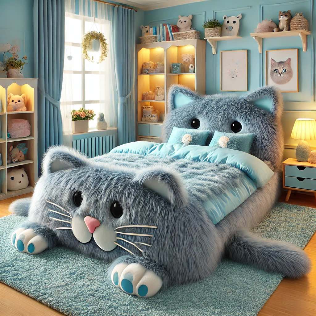 A luxurious blue cat-shaped bed with soft faux fur and playful cat face detailing.