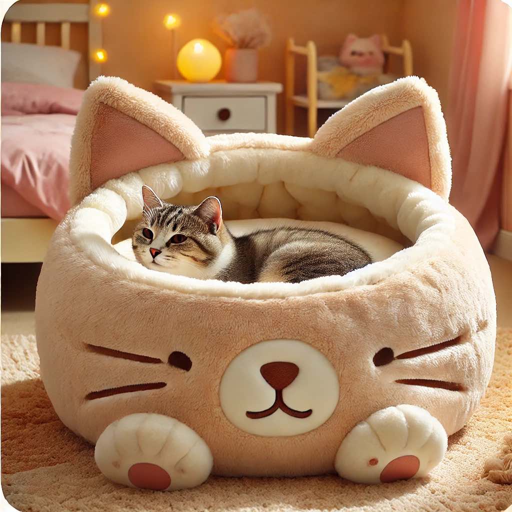 A beige bed featuring soft cushioning and charming whisker accents for a snug sleep.