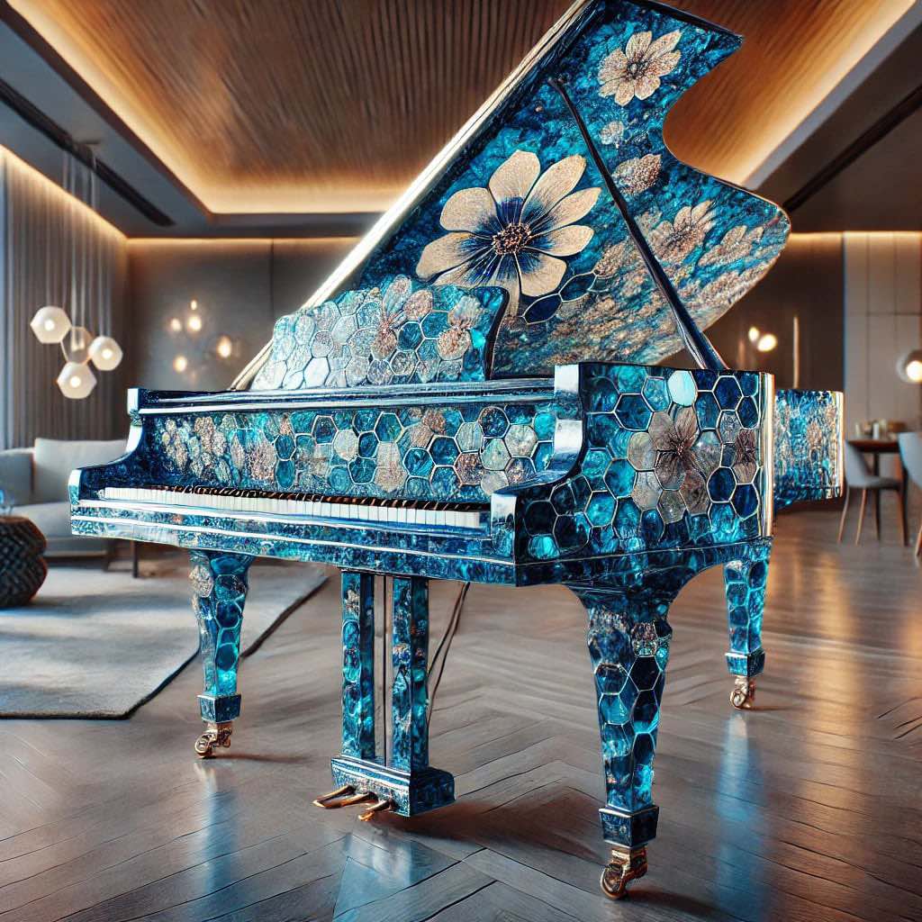 A dazzling blue grand piano with floral and honeycomb patterns, resembling a precious sapphire gemstone