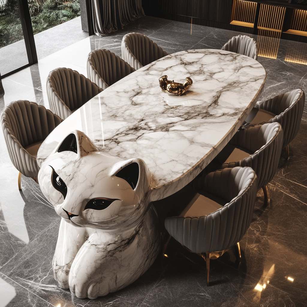 A high-end white marble dining table designed with a sculpted feline base.