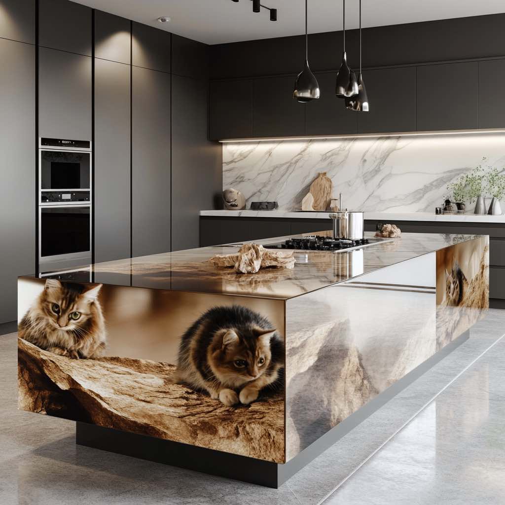 A stylish dark-themed kitchen featuring a minimalist cat-themed island with warm lighting and a sophisticated atmosphere.
