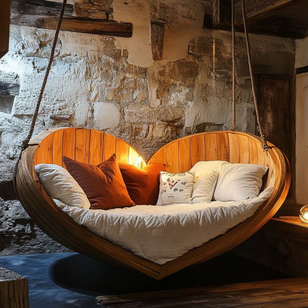 Charming heart-shaped wooden hanging bed with earthy pillows, set against a rustic stone wall with warm lighting.