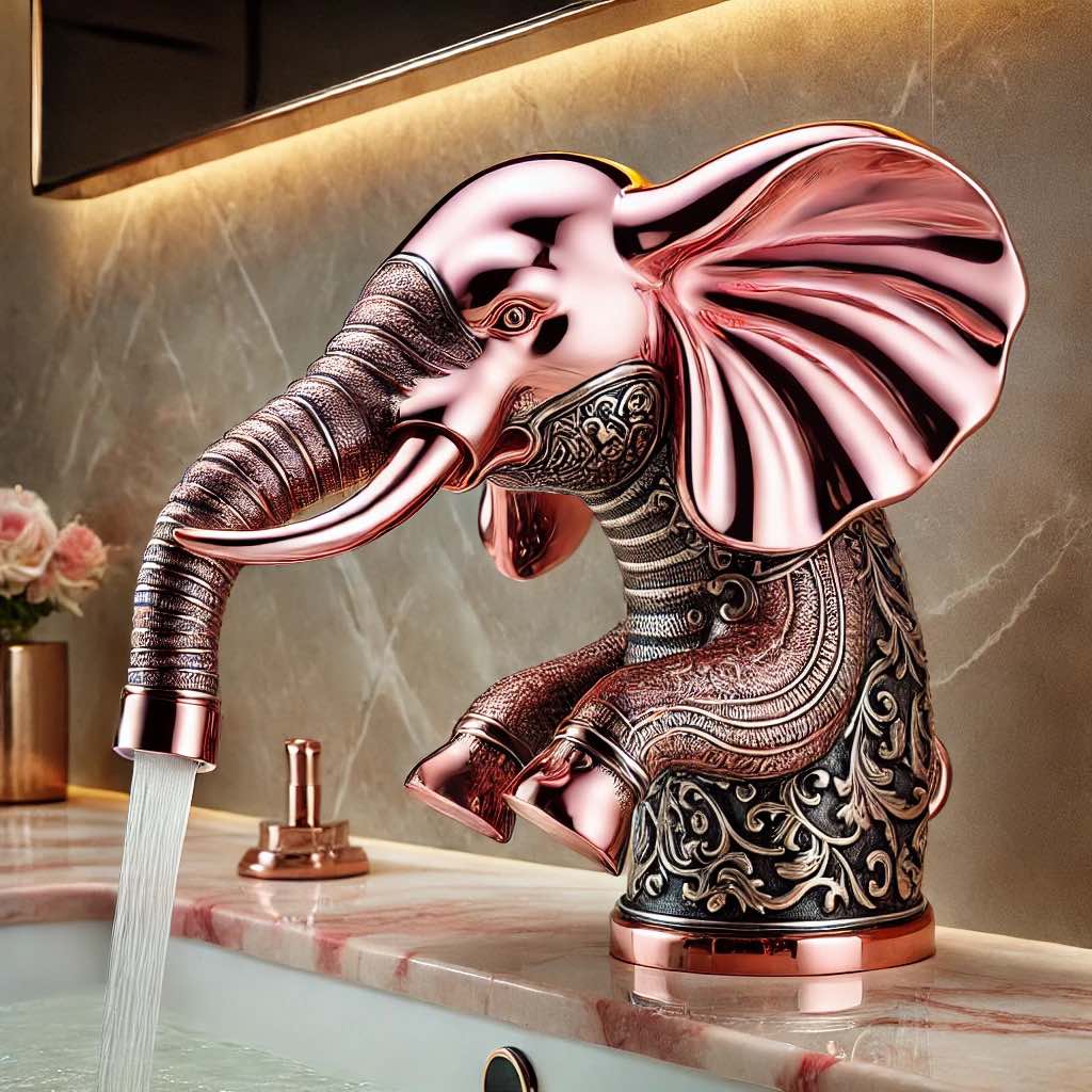  A sophisticated rose gold and black elephant faucet with intricate detailing, flowing water into a marble sink