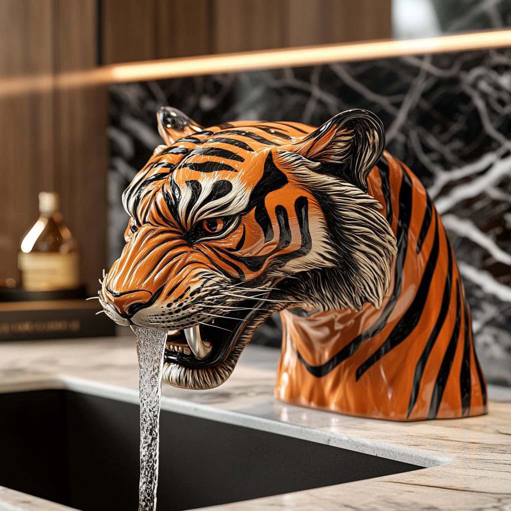 A powerful tiger tap with vivid orange and black stripes, adding a striking touch to a high-end bathroom.