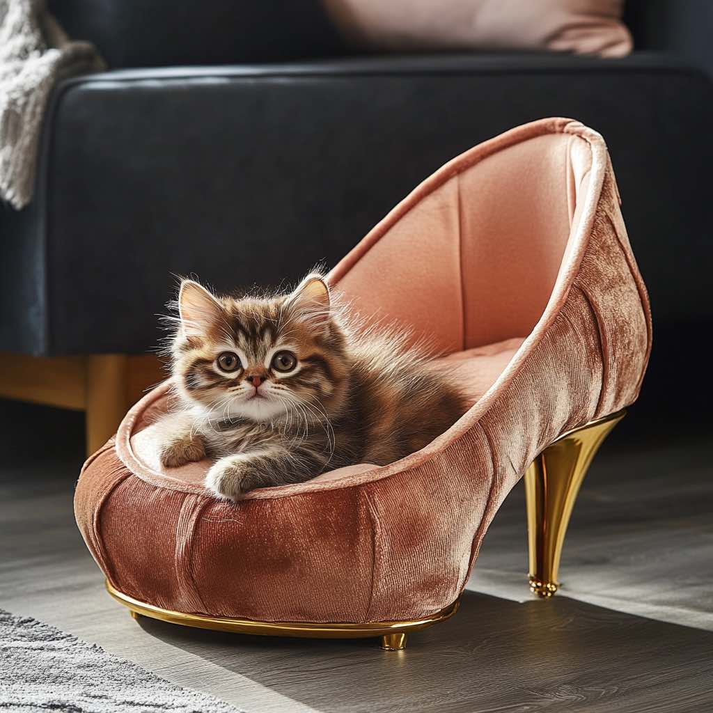 A fluffy kitten nestled inside a velvet pink high-heeled shoe-shaped bed with gold details.