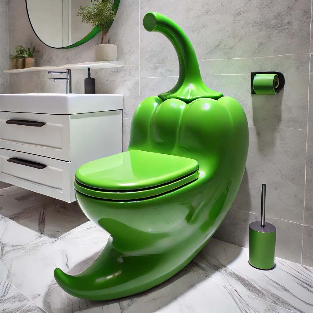 A lush green bell pepper toilet in a marble-accented bathroom with modern fixtures.