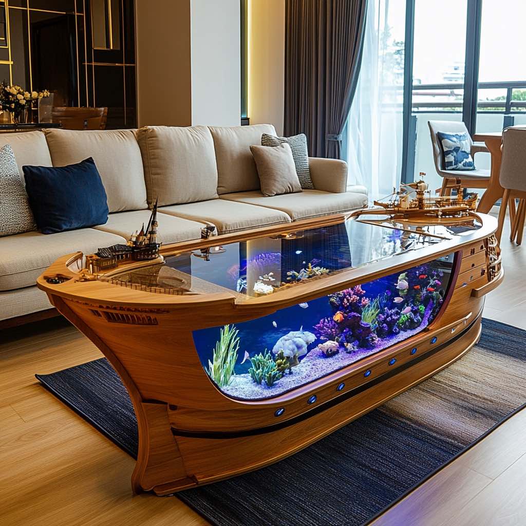 A wooden ship-inspired aquarium coffee table with warm tones and intricate details in a contemporary home setting.