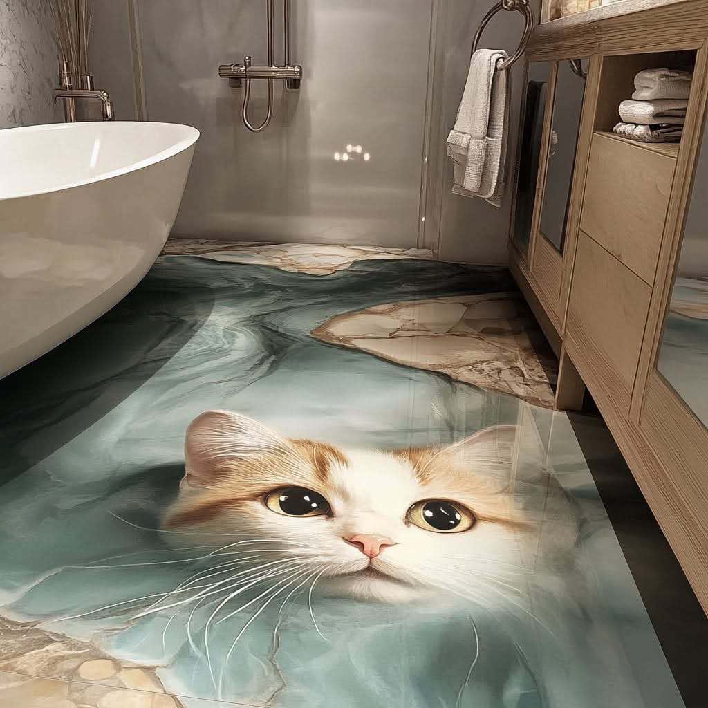 A breathtaking 3D cat floor illusion in a bathroom, featuring a cat peering through water-like resin.