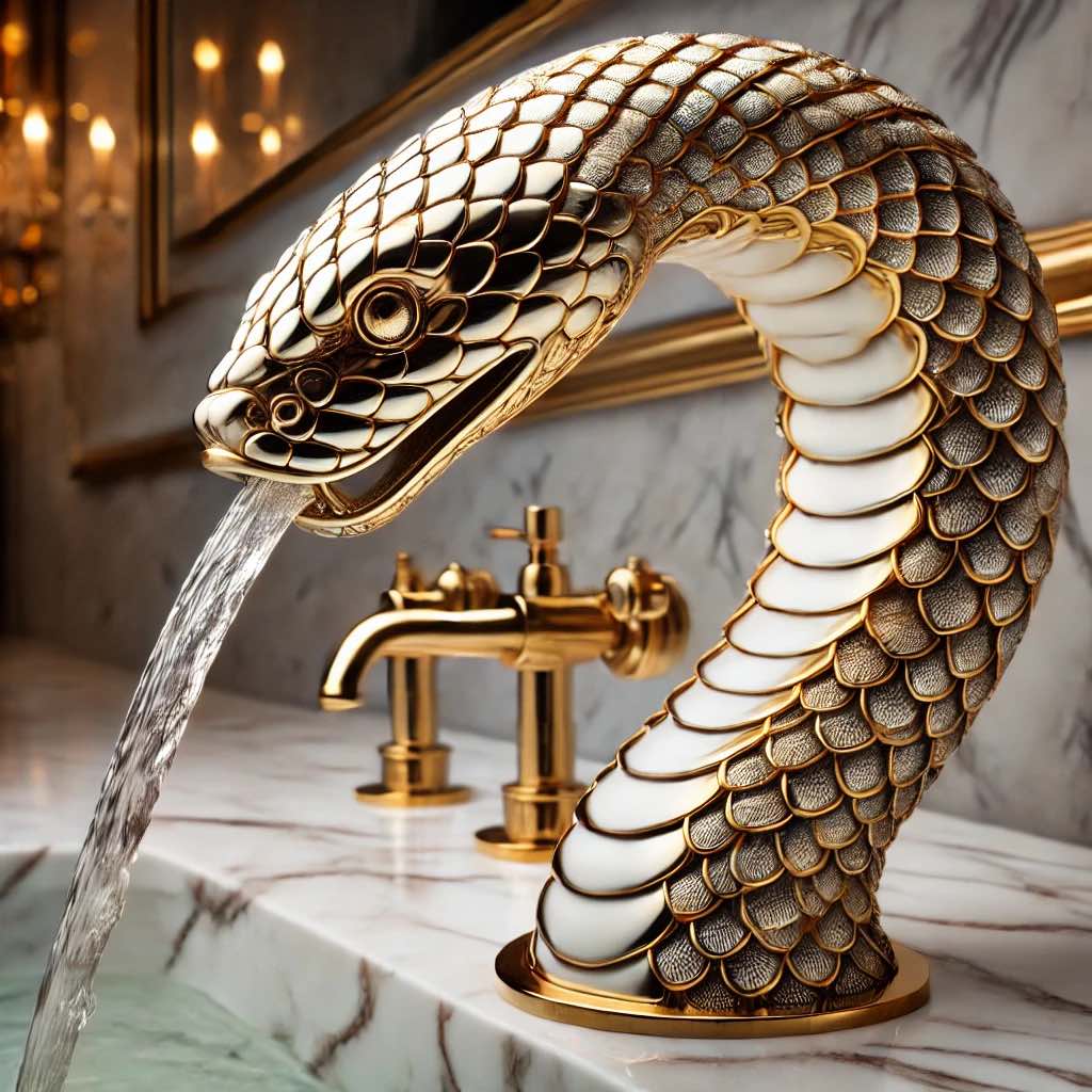 A luxury gold and white snake-themed bathroom faucet with intricate scale detailing and a curved design.