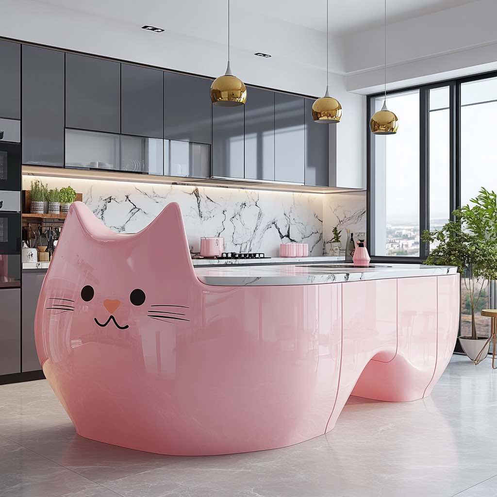 A playful pink cat-shaped kitchen island with cartoon-like features in a stylish modern kitchen.