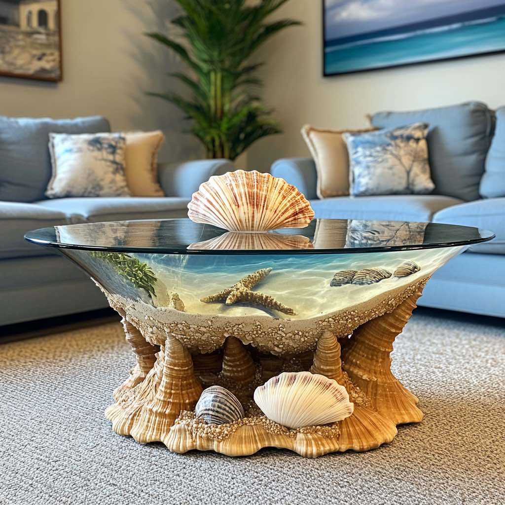 A beautifully crafted coffee table featuring a realistic beach scene with palm trees, resin waves, and a wood base.