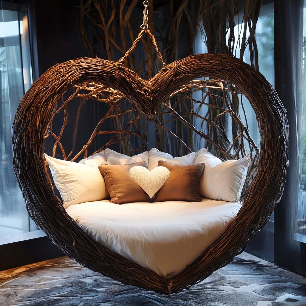 Intricately woven heart-shaped hanging bed with a natural wicker frame, soft bedding, and warm-toned cushions