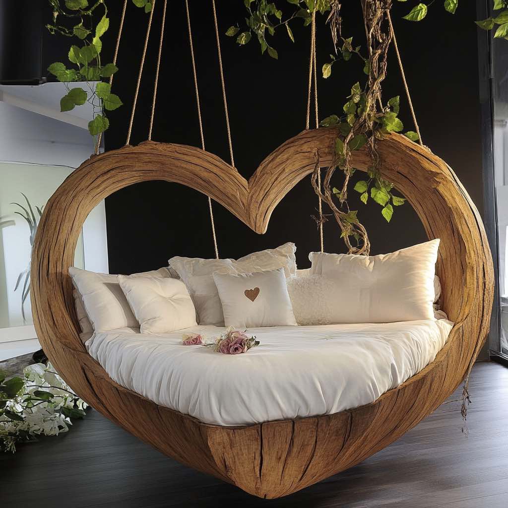 Rustic heart-shaped wooden hanging bed suspended with ropes, decorated with green vines and soft pillows in a dark, intimate space.