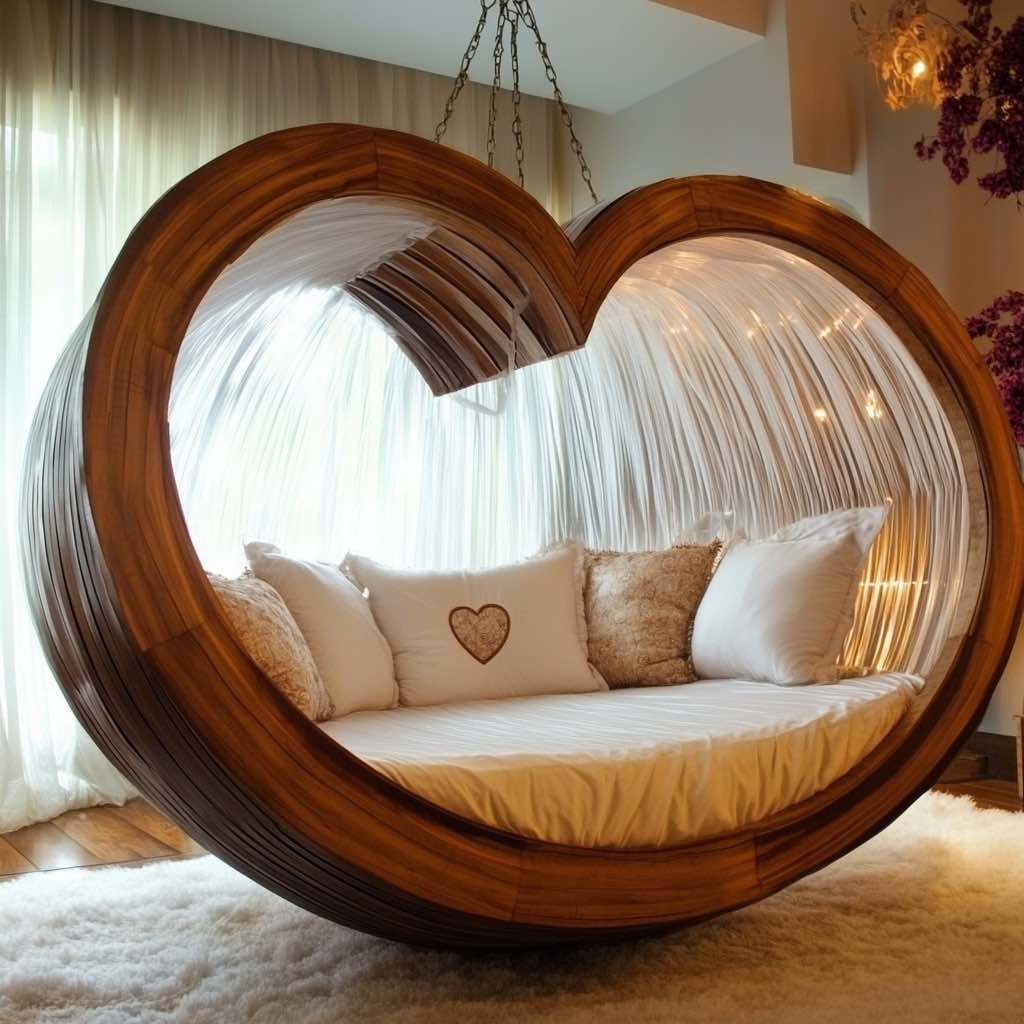 Elegant heart-shaped hanging bed made from polished wood, featuring plush white cushions in a modern bedroom