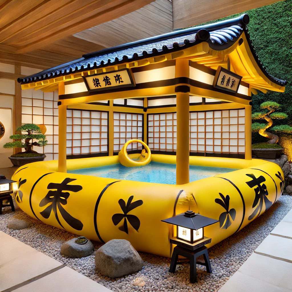 A yellow and black inflatable pool styled like a Japanese onsen, complete with kanji decorations and traditional lanterns.