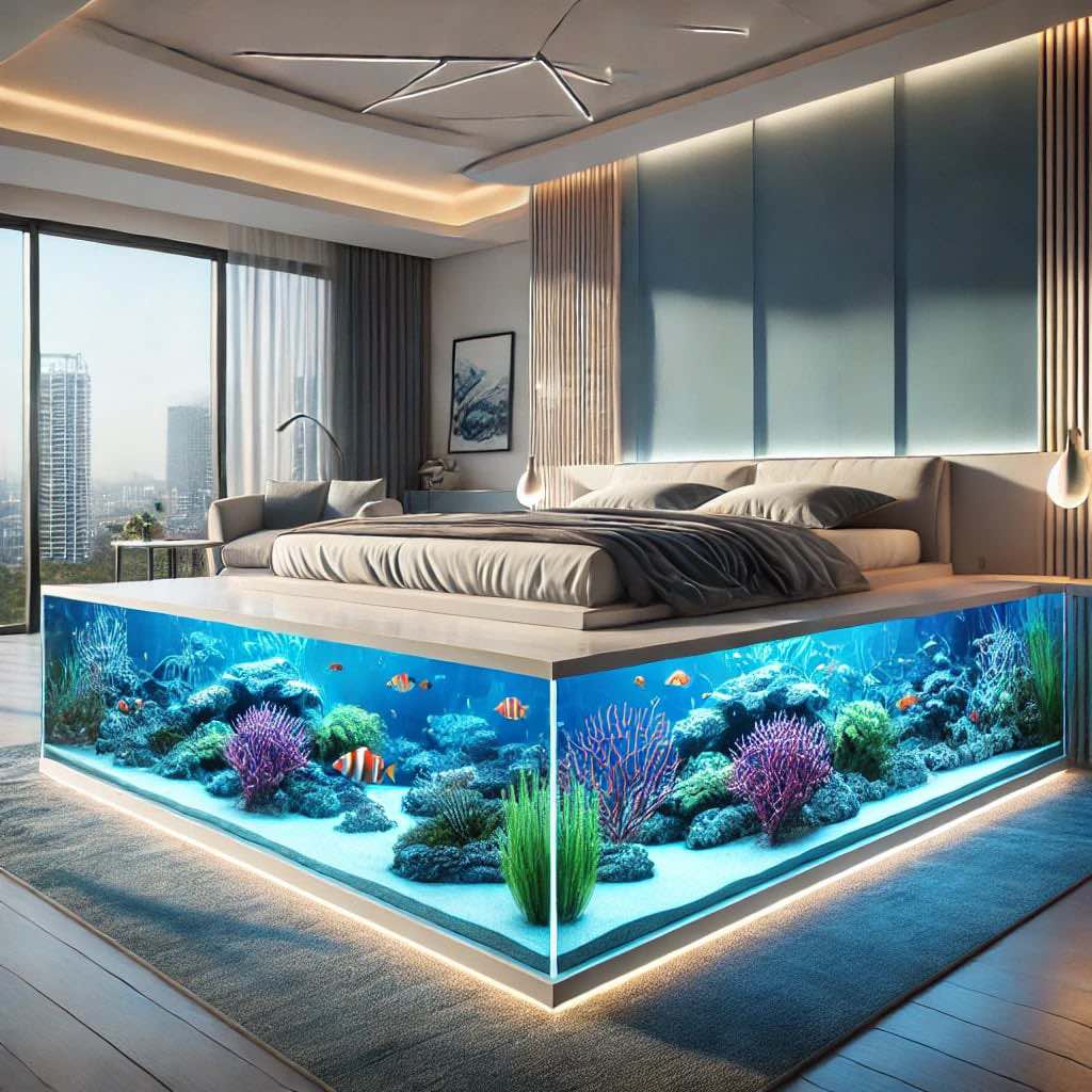 A sleek, contemporary bedroom featuring an aquarium bed, with a panoramic cityscape view in the background.