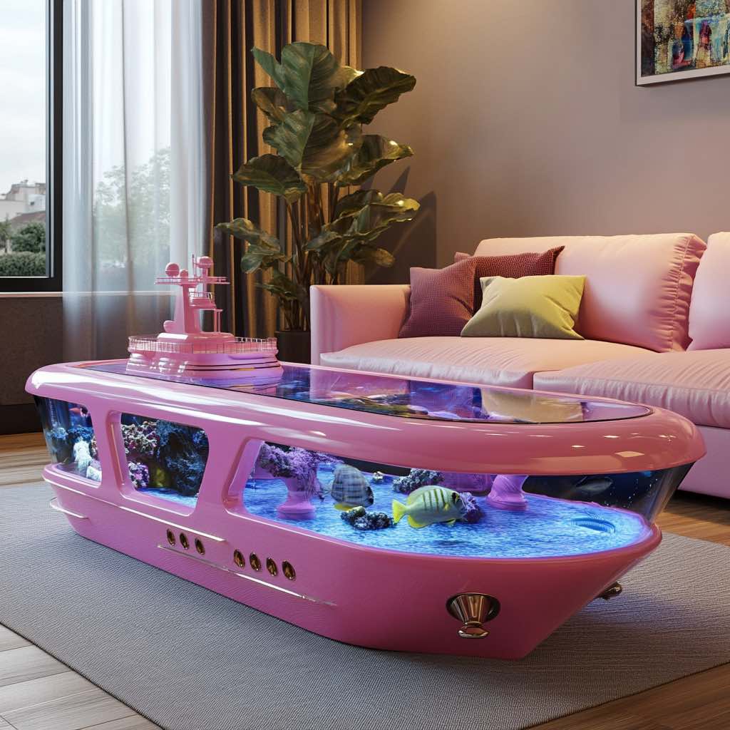 A stylish pink yacht-shaped aquarium coffee table with LED lighting, placed in a modern living room.